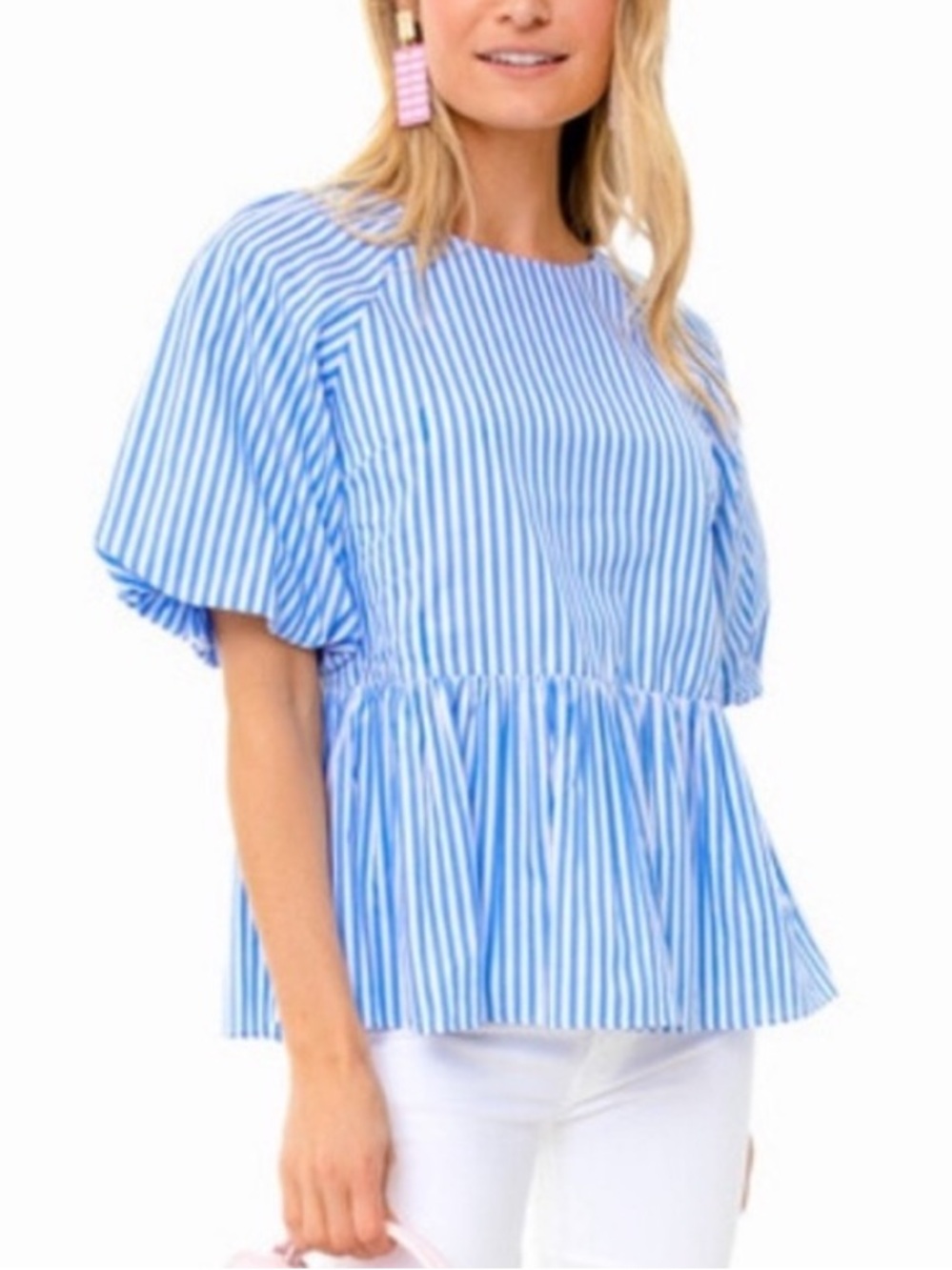 Tuckernuck Pomander Place Blue & White Striped Print Puff Sleeve Peplum Top - S
